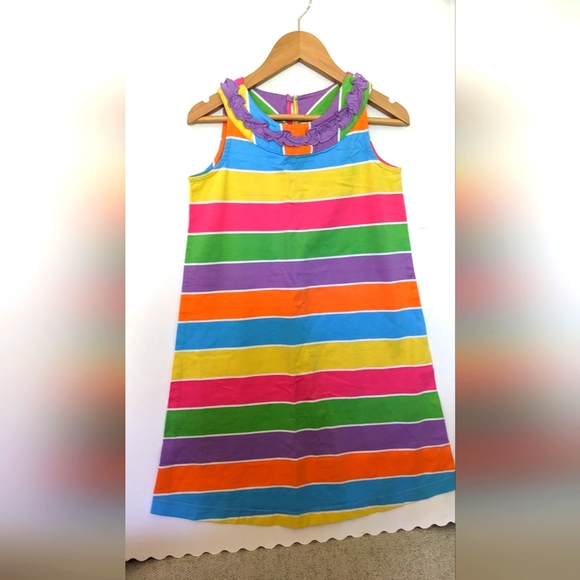 NWT Hanna Andersson Bright Stripe Tank Dress Ruffle Neck Modest Y2K - Picture 1 of 5